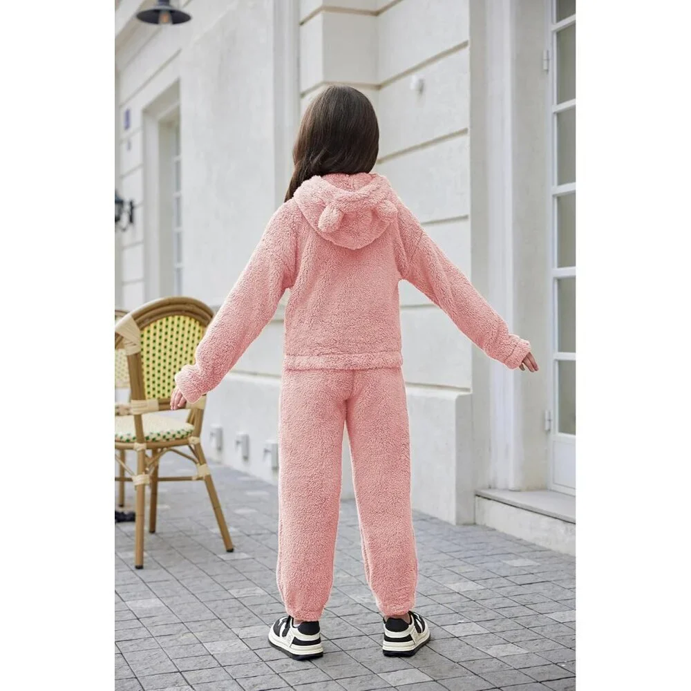 Girls 2 Piece Outfits Sweatsuit Fuzzy Long Sleeve Bear Ear Hoodie Sweatshirt and